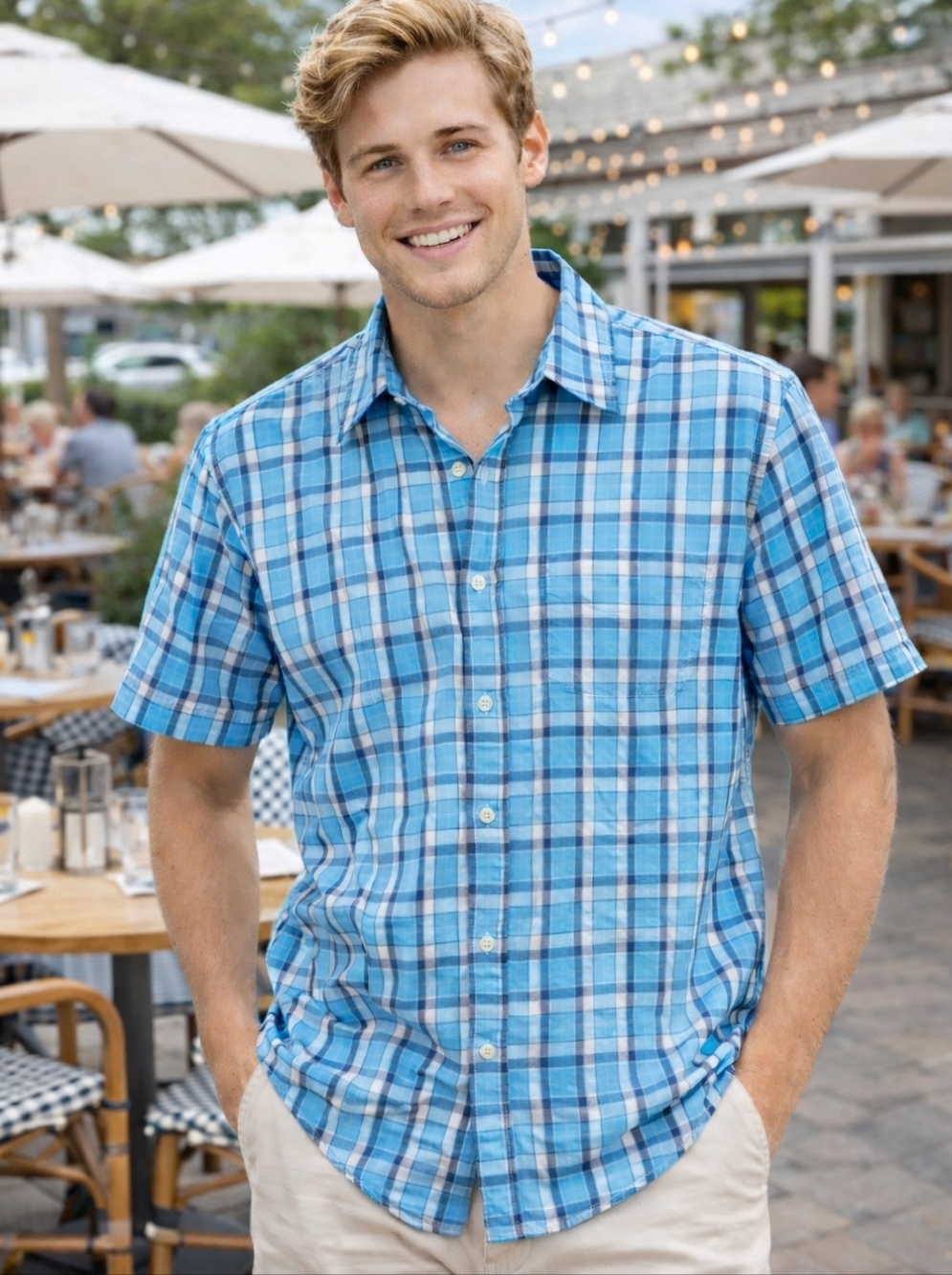 L.L. Bean Men Medium Blue Plaid Short Sleeve Button Down Shirt Organic Cotton